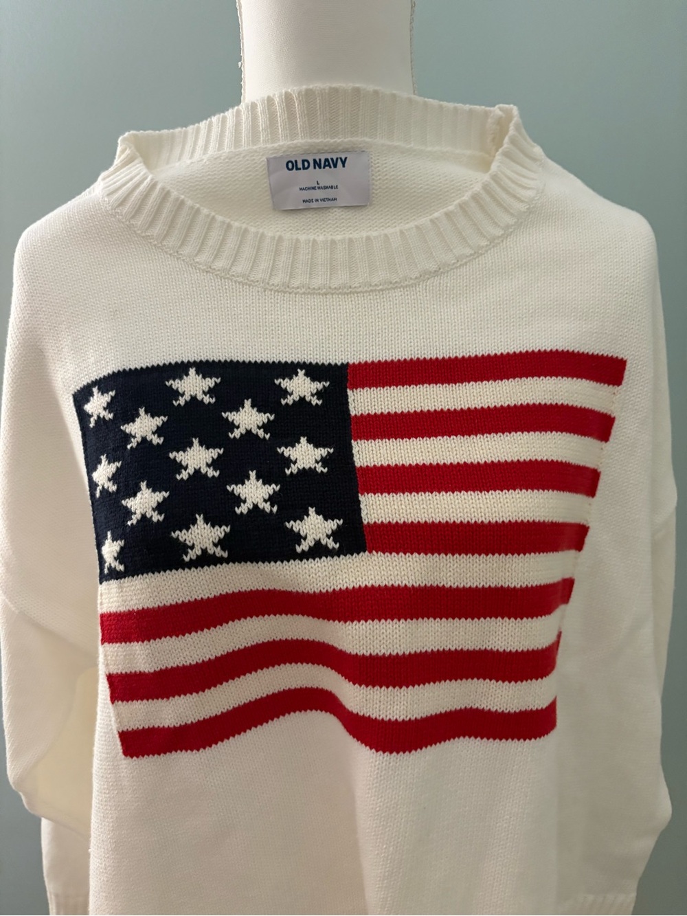 Old Navy Cream Crewneck Sweater with Red & Navy Flag